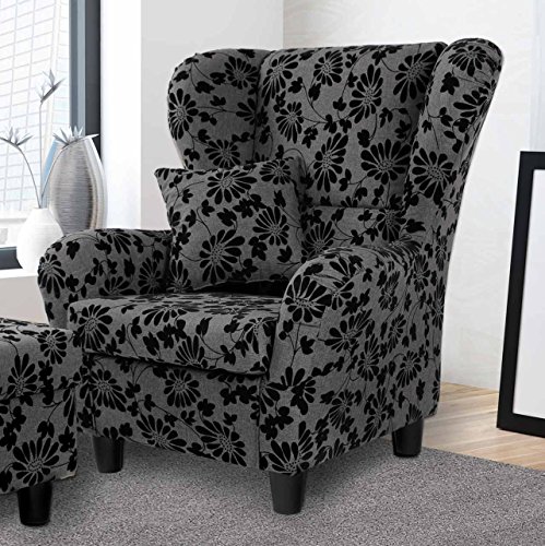 lifestyle4living Ohrensessel in grau mit Blumenmuster | Der perfekte Sessel für entspannte, Lange Fernseh- und Leseabende. Abschalten und genießen!