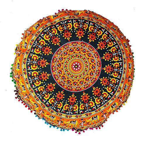 Rastogi handicrafts 32 (COR Mandala Boden Kissen, Kissen mit Cover, Bohemian Hocker Poufs, Pom Pom Kissenbezug, Boho Indianer