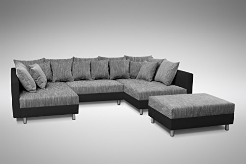 Sofa Couch Ecksofa Eckcouch in schwarz / hellgrau Eckcouch mit Hocker- Minsk XXL