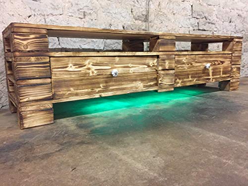 Palettenmöbel Sideboard Lowboard „Aprilia“ XXL TV Möbel mit LED Beleuchtung und Schubladen geflammt und geölt