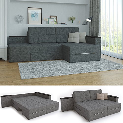 XXL Ecksofa mit Schlaffunktion 260 x 160 cm Grau - Eckcouch Relax Sofa Couch Schlafsofa Kissen Schlafcouch