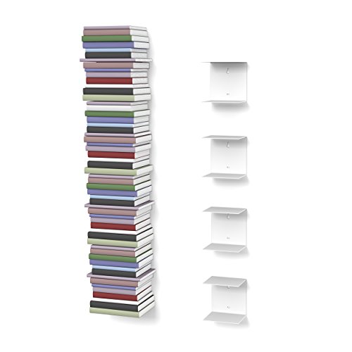 home3000 4 weiße unsichtbare Bücherregale mit 8 Fächern bis zu 200 cm hohen Bücherstapel für Bücher bis zu 22 cm Tiefe.