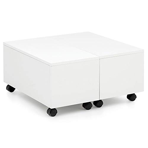 FineBuy Couchtisch 60 x 60 cm Weiß Hochglanz Rollbar mit Schublade | Wohnzimmertisch mit Staufach | Sofatisch Wohnzimmer Quadratisch
