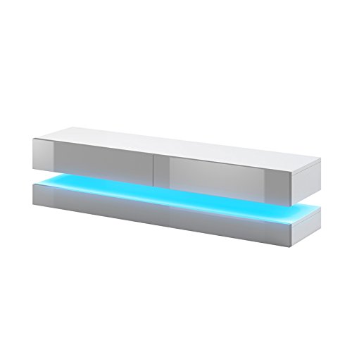 Selsey Aviator - TV-Board in Schwebeoptik / TV-Hängeschrank / Fernsehschrank Weiß matt / grau Hochglanz mit LED blau, 140 cm