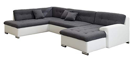 ARBD Wohnlandschaft, Couchgarnitur U-Form, Rocky mit Schlaffunktion 325 x205cm weiß/grau, Ottomane Links