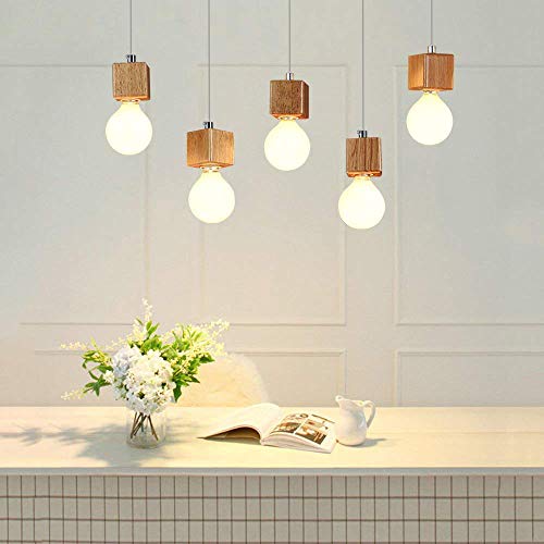 GBLY Pendelleuchte Holz 5-flammig Esstischlampe 150cm Höhenverstellbare Hängelampe Holzlampe mit E27 Fassung für Esszimmer Küchen Wohnzimmer Restaurant Cafe (Ohne Glühbirnen)