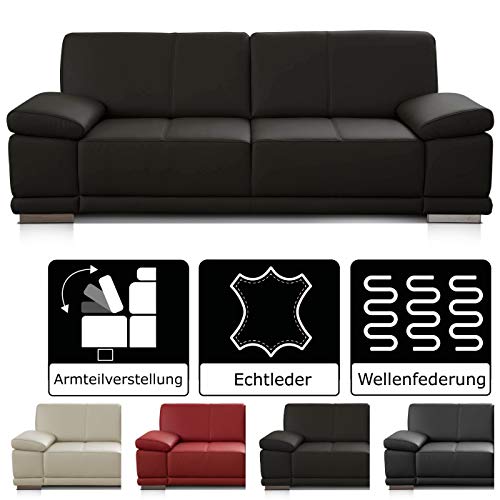 CAVADORE 3-Sitzer Sofa Corianne / Echtledercouch im modernen Design / Mit Armteilverstellung / 217 x 80 x 99 / Echtleder dunkelbraun