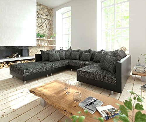 Couch Clovis Schwarz mit Hocker Wohnlandschaft Modulsofa