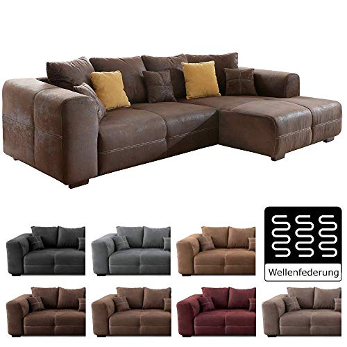 Cavadore Ecksofa Mavericco/Polster Eck-Couch mit Kissen in Antik-Leder-Optik und Holzfüßen/Longchair rechts / 285 x 69 x 170 / Mikrofaser Braun