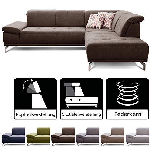 Cavadore Ecksofa Carly mit Federkern, L-Form Sofa mit Kopfteilfunktion und Sitztiefenfunktion im Design, 273 x 81 x 234, Webstoff braun