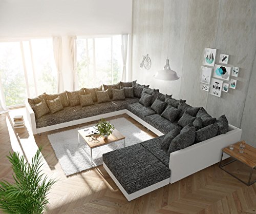 DELIFE Couch Clovis modular - Ecksofa, Sofa, Wohnlandschaft & Modulsofa (Schwarz/Weiss, Sofa XXL Links mit Hocker)