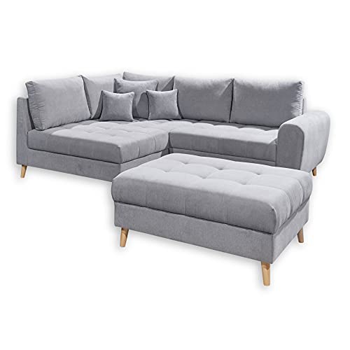 Stella Trading ALICE Ecksofa mit Hocker, Stoffbezug Hellgrau - Moderne Eckcouch mit Kissen & Massivholz Füßen - 249 x 94 x 175 cm (B/H/T)