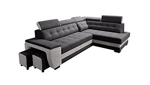 Robin Grand Ecksofa mit Schlaffunktion Bettkasten Kopfstützen Relaxfunktion 2 Hocker Sofa L-Form Schlafsofa Freistehende Eckcouch Schlafcouch Wohnzimmermöbel Wohnlandschaft Rechts Silber