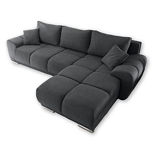 Stella Trading ANTON Ecksofa mit Schlaffunktion, Stoffbezug Anthrazit - Moderne Eckcouch in L-Form mit Bettkasten & dekorativer Steppung - 289 x 85 x 189 cm (B/H/T)