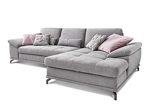 Cavadore Ecksofa Castiel mit Federkern / Großes Sofa in L-Form mit Sitztiefenverstellung und XL-Longchair / 312 x 89 x 173 / Webstoff, Hellgrau