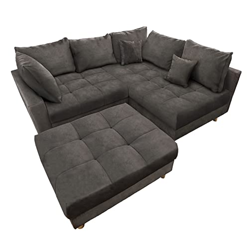 riess-ambiente.de Moderne Wohnlandschaft KENT 220cm grau Samt | Ecksofa Federkern inkl. Hocker und Kissen, Ecksofa mit Schlaffunktion | Sofa in L Form